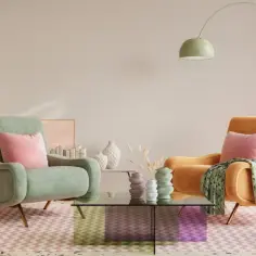 Mięta i brzoskwinia w salonie. Kolory pastelowe tworzą przytulną atmosferę.