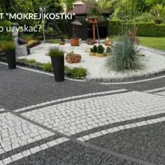 Nowy podjazd z kostki brukowej, który daje efekt mokrej kostki, z ozdobnymi wzorami i zielenią w tle.