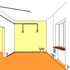 Schemat instalacji natynkowej w pokoju z drzwiami i oknem. Widoczne przewody elektryczne i punkty świetlne.