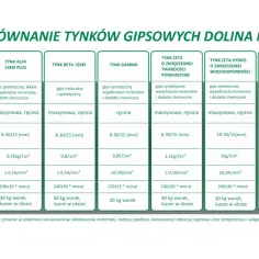 Porównanie rodzajów tynków wewnętrznych: Alfa Lekki Plus, Beta Lekki, Gamma, Zeta, Zeta Hydro, Alfa Fire. Tabela zawiera skład, sposób aplikacji, zużycie i inne parametry.