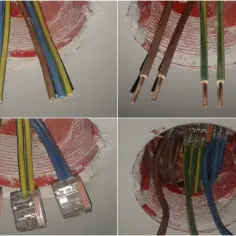Instalacja elektryczna bezpuszkowa: przewody wchodzą do okrągłego otworu w ścianie, niektóre połączone złączkami.