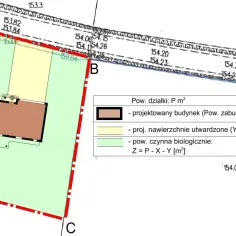 Plan działki z zaznaczonym projektowanym budynkiem, którego powierzchnia zabudowy jest kluczowa. Widać też utwardzone i biologicznie czynne tereny.