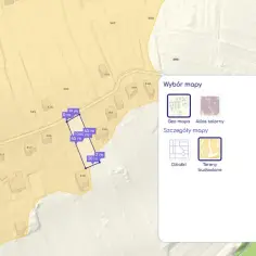 Mapa z zaznaczoną działką i wymiarami. Okno "Wybór mapy" z opcją "Tereny budowlane" pomaga sprawdzić, jak sprawdzić czy działka jest budowlana.