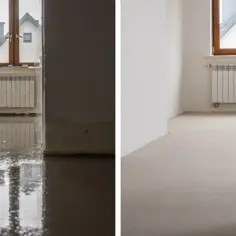 Po lewej mokra wylewka samopoziomująca, po prawej sucha. Czas schnięcia wylewki samopoziomującej zależy od warunków.