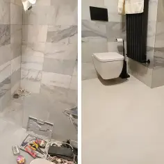 Łazienka po remoncie: elegancki mikrocement na płytki zastąpił stare fugi, tworząc gładką, nowoczesną powierzchnię.