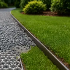 Nowy podjazd z grysu, stabilizowany plastrem miodu, oddzielony od trawnika metalową krawędzią.