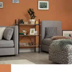 Przytulny salon z sofą i fotelem, ozdobiony półkami z dekoracjami. Ściany w ciepłym, **kolorze ceglastym** tworzą przytulną atmosferę.