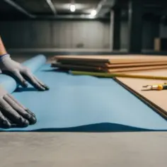Ręce w rękawiczkach rozwijają niebieską szlichtę. Obok leżą deski, miarka i nożyk.