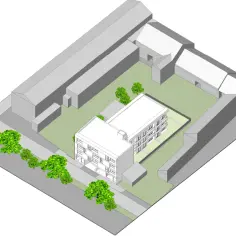 Plan zagospodarowania terenu z nowoczesnym budynkiem mieszkalnym, otoczonym innymi budynkami i zielenią.