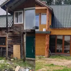 Przed i po: metamorfoza starego domu. Nowy, drewniany projekt elewacji z nowymi oknami i drzwiami.
