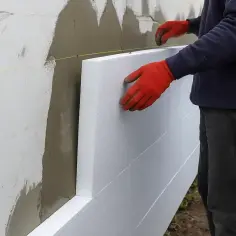 Pracownik w czerwonych rękawicach montuje styropian na ścianie. Poznaj elewacja cena za m2 robocizna.