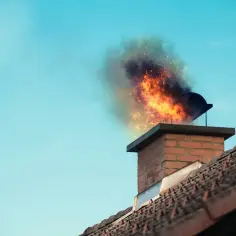 Ogień wydobywa się z komina, tworząc kłąb gęstego dymu z sadzą.