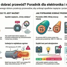 Ilustracja pokazuje, jak dobrać odpowiedni przewód. Wyjaśnia prawo Joule'a, spadek napięcia, paradoks AWG i test obciążenia. Złota zasada: wybierz grubszy przewód, jeśli wynik jest pomiędzy standardowymi rozmiarami.