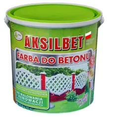 Jaka farba do betonu na zewnątrz? Pojemnik farby Aksamit do malowania i renowacji powierzchni betonowych, z widokiem na biały płotek.