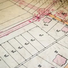 Stary plan geodezyjny z zaznaczonymi działkami ewidencyjnymi, budynkami i wymiarami.