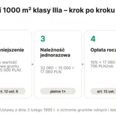 Ile kosztuje przekształcenie działki rolnej na budowlaną? Schemat pokazuje koszty odrolnienia 1000 m² działki klasy IIIa: należność ustawowa, pomniejszenie, jednorazowa opłata, roczna opłata i łączne koszty po 10 latach.