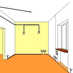 Schemat instalacji natynkowej w pokoju z drzwiami i oknem. Widoczne przewody elektryczne i punkty świetlne.