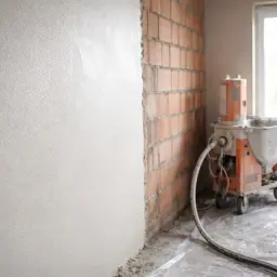 Maszyna do tynkowania w trakcie pracy. Ściana pokryta świeżym tynkiem, obok ceglana ściana i okno. Wybór między tynkami gipsowymi czy cementowo wapienne.
