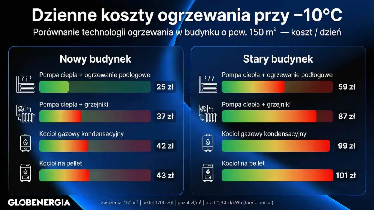 Porównanie dziennych kosztów ogrzewania domu przy -10°C dla nowych i starych budynków. Wykres pokazuje koszty dla pomp ciepła, kotłów gazowych i na pellet.