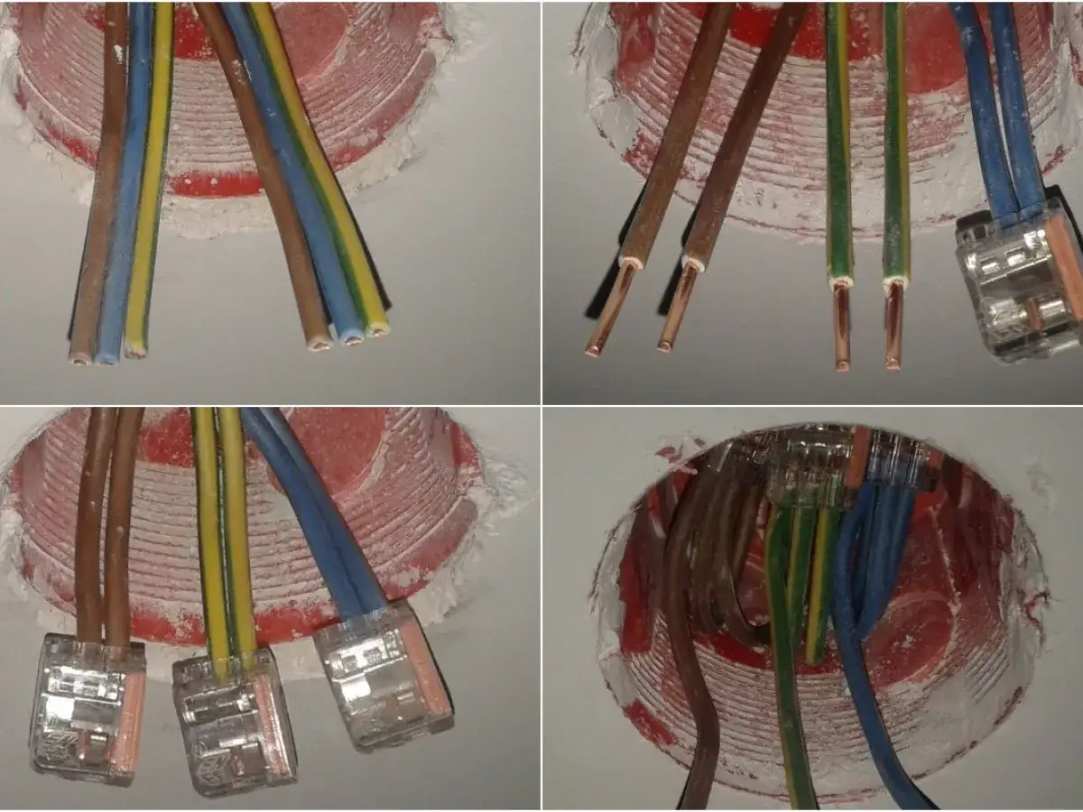 Instalacja elektryczna bezpuszkowa: przewody wchodzą do okrągłego otworu w ścianie, niektóre połączone złączkami.