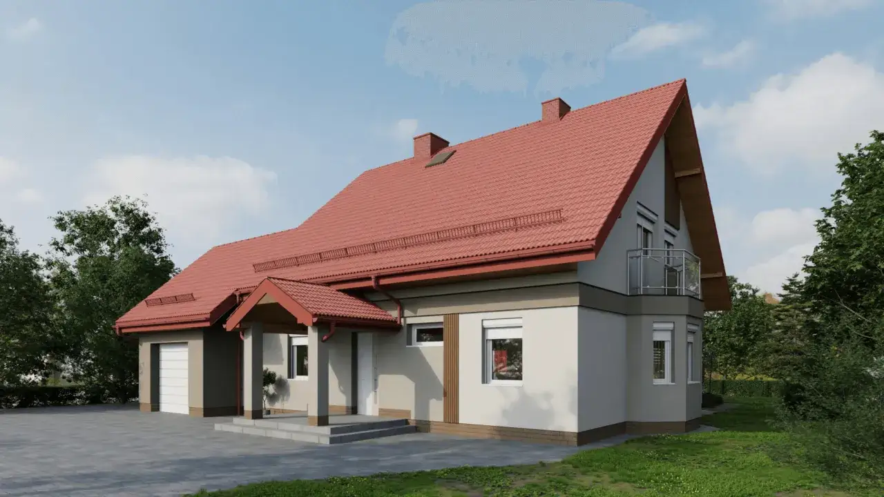 Jasnoszara elewacja domu z czerwonym dachem. Idealne połączenie, które sprawdzi się w każdym otoczeniu.