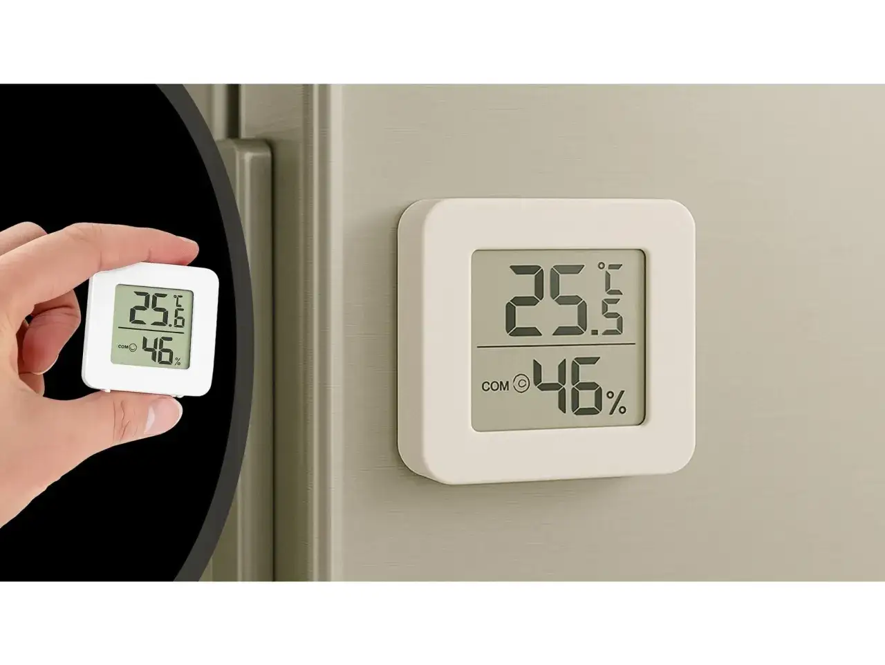 Cyfrowy termohigrometr pokazuje 25.6°C i 46% wilgotności względnej.