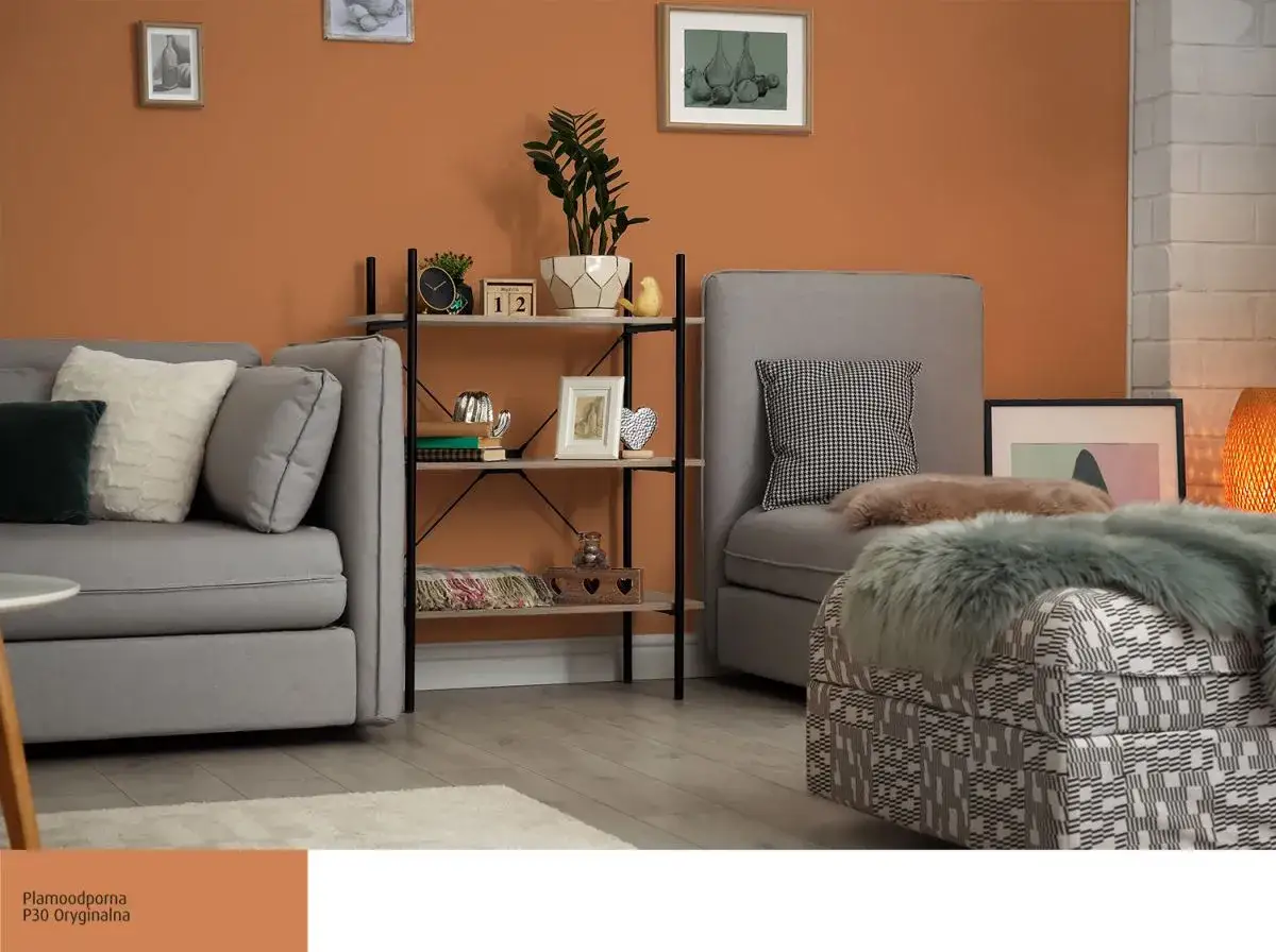 Przytulny salon z sofą i fotelem, ściany w ciepłym, kolorze ceglastym, półka z dekoracjami.
