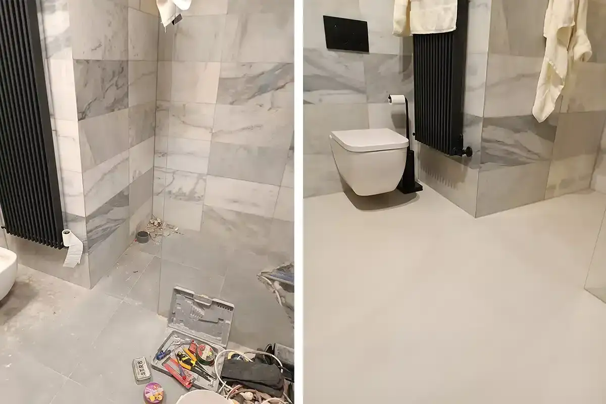 Łazienka po remoncie: elegancki mikrocement na płytki zastąpił stare fugi, tworząc jednolitą, nowoczesną przestrzeń.