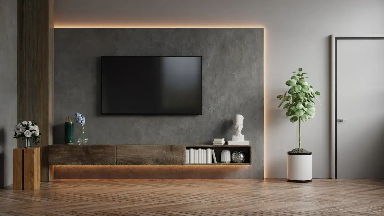 Nowoczesny salon z telewizorem na ścianie o efekcie surowego betonu. Drewniana szafka RTV, rośliny i subtelne oświetlenie tworzą przytulną atmosferę.